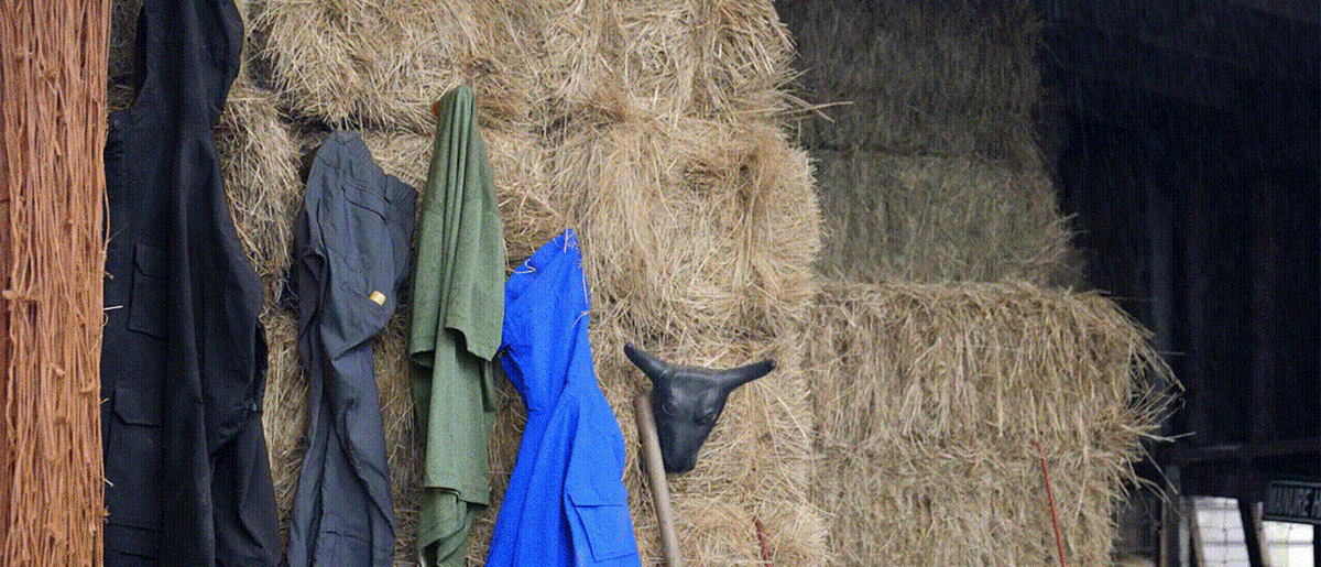 video of raincoats gently swaying as they hang from hay bales, and rain falls in the foreground