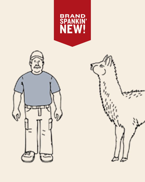 Llama spitting on Duluth Guy wearing a Dry On The Fly T-shirt