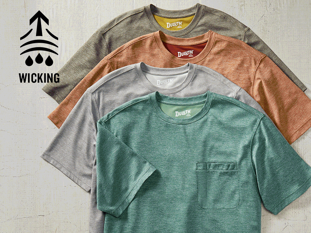 A series of three images rotates. The first is a collection of men's knit armachillo t-shirts with the cooling icon. The second is a collection of women's armachillo shirts, shorts, pants and skirt. The last image is men's sunperior long sleeve sun protection shirts. 