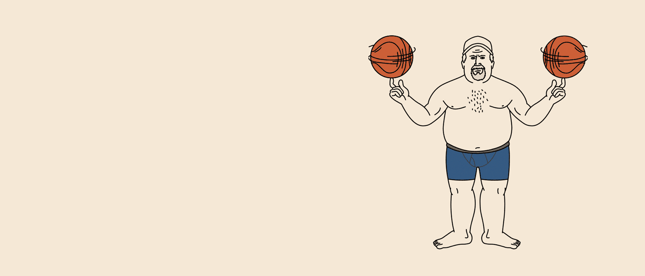 An animated line drawing of a man in Buck Naked boxer briefs does some fancy ball handling with two basket balls