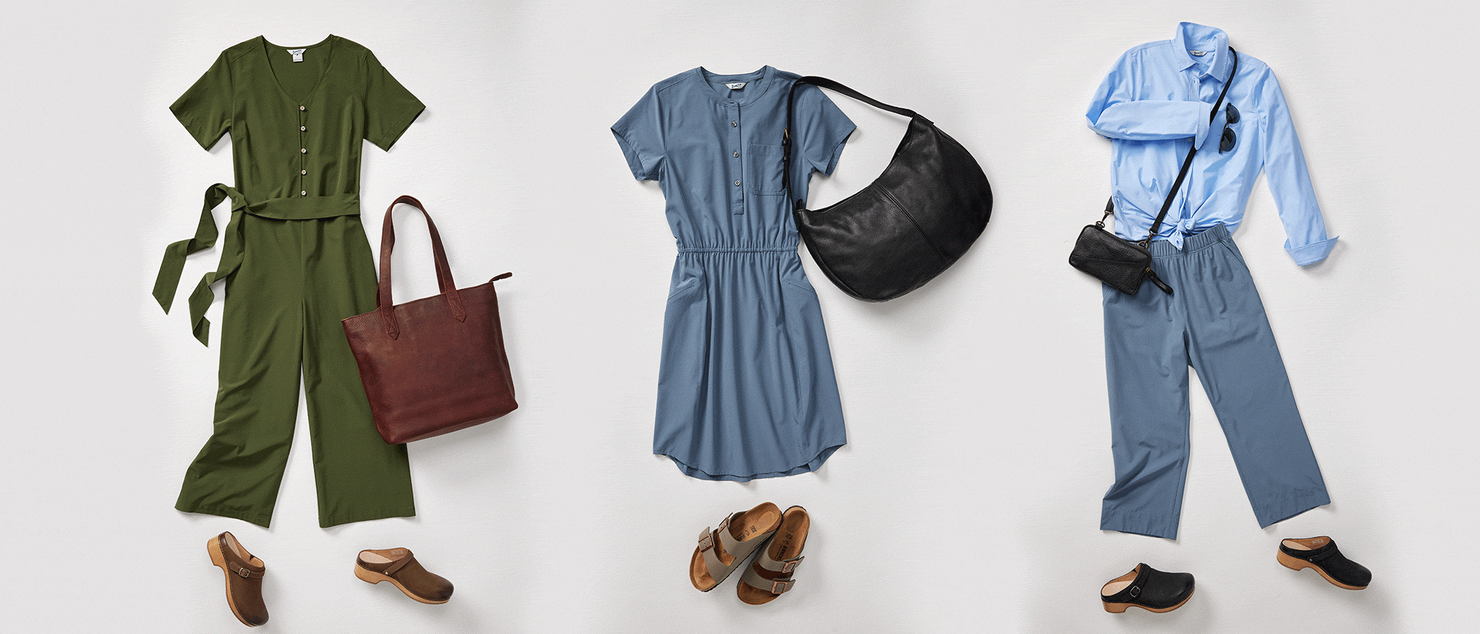 three sets of workday outfits, with subtle stop-motion animation