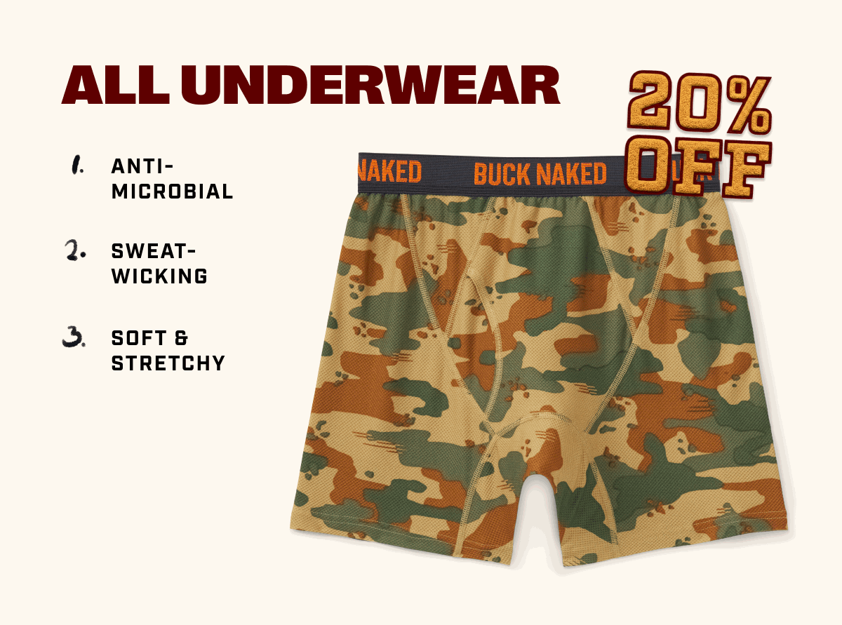 20% OFF All Underwear - 1. Anti-Microbial 2. Sweat-Wicking 3. Soft & Stretchy