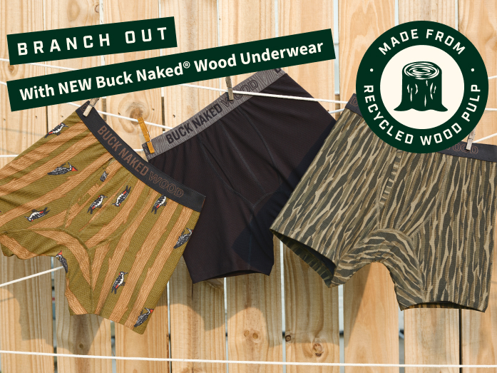 Men's Buck Naked® Wood Underwear hanging on a clothes line.