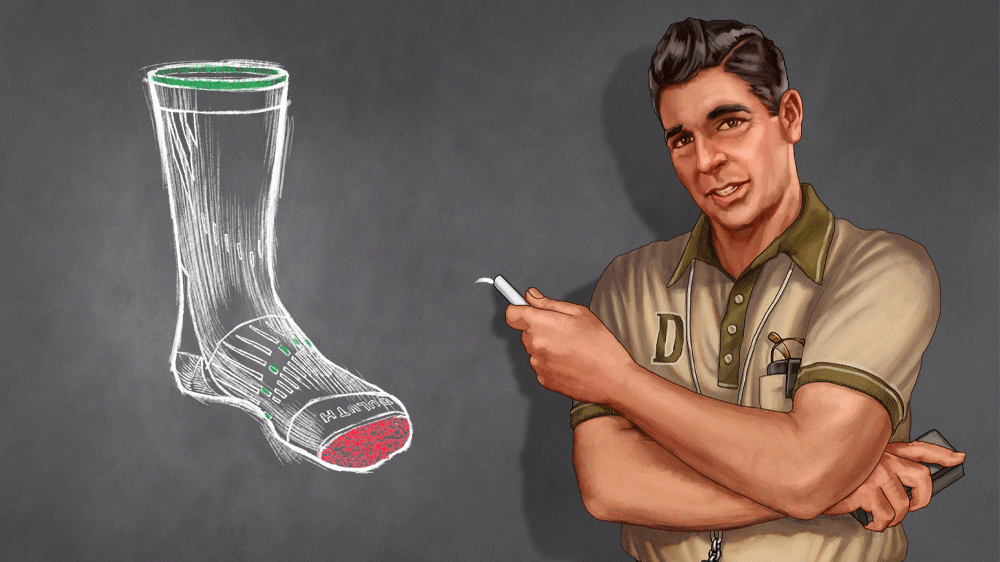 humorous animation of a gym teacher drawing on a chalk board about socks