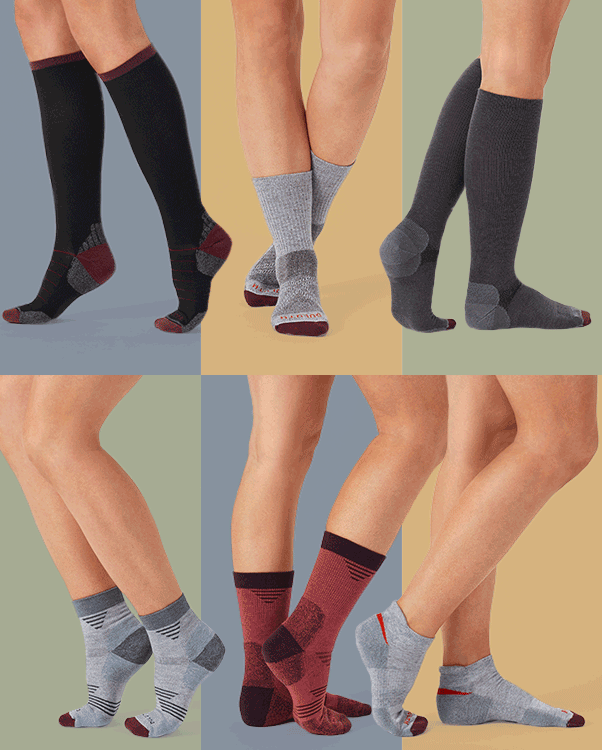 six different studio models' legs wearing various socks