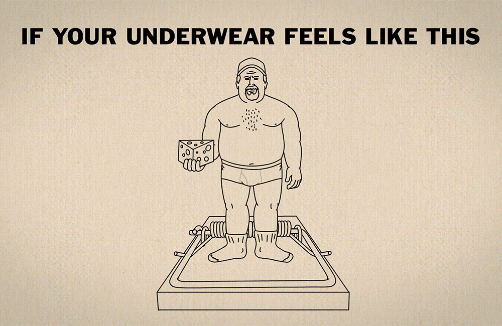 humorous animation of a man experiencing discomfort in ordinary underwear