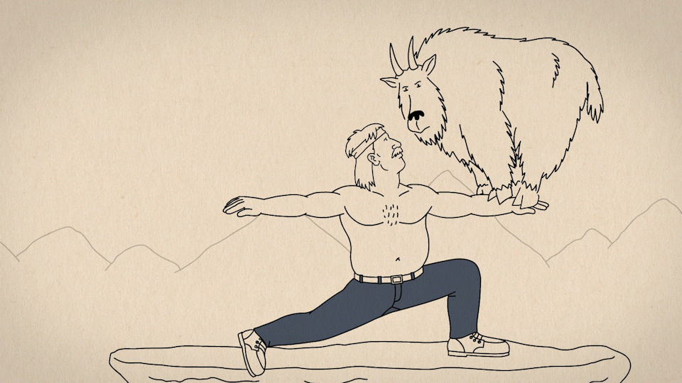 A humorous animation of a man doing yoga in his Ballroom Double Flex Denim with a mountain goat.